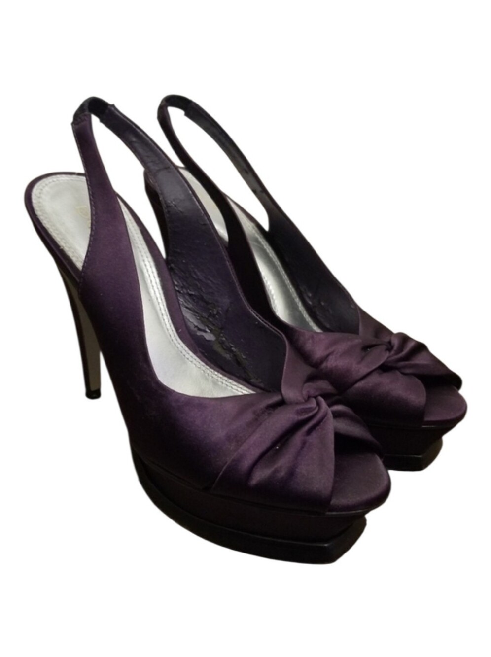 Bebe Zahara Purple Satin Platform Slingback Peep Toe Heels Size 7